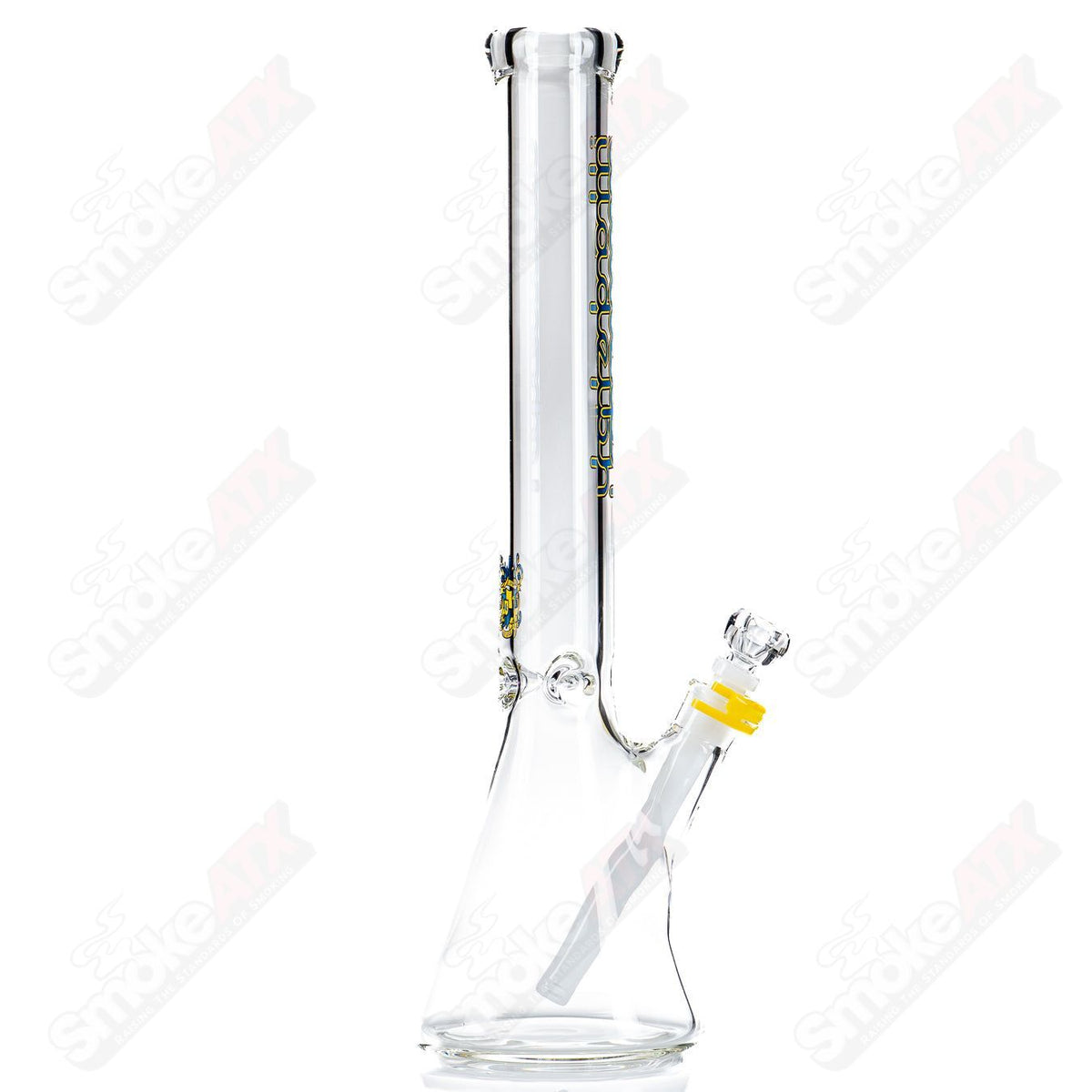 Illadelph 7mm short beaker in blue and yellow glass, cylindrical shape with a wide opening and sturdy base for smoking use.