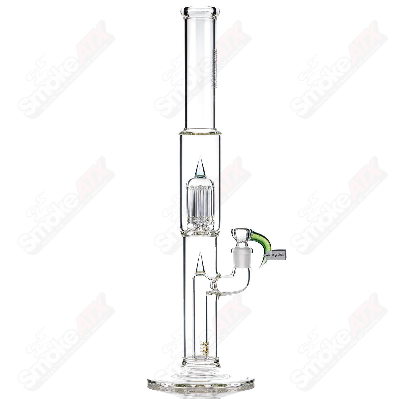 Sovereignty Glass 8-arm fixed 180 minor accent shooting star glass straight tube with intricate star-shaped design.