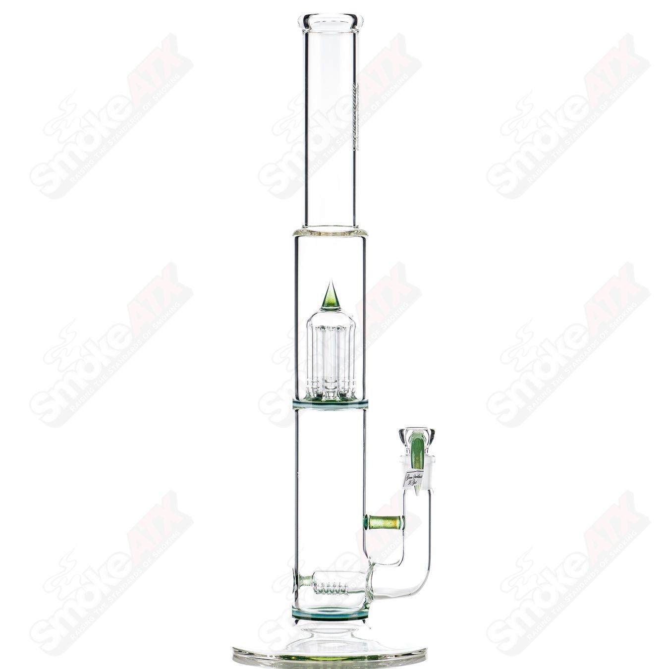 Sovereignty Glass 8-arm stemline straight tube with partial accent, double bore, and seal accent, showcasing intricate glasswork.