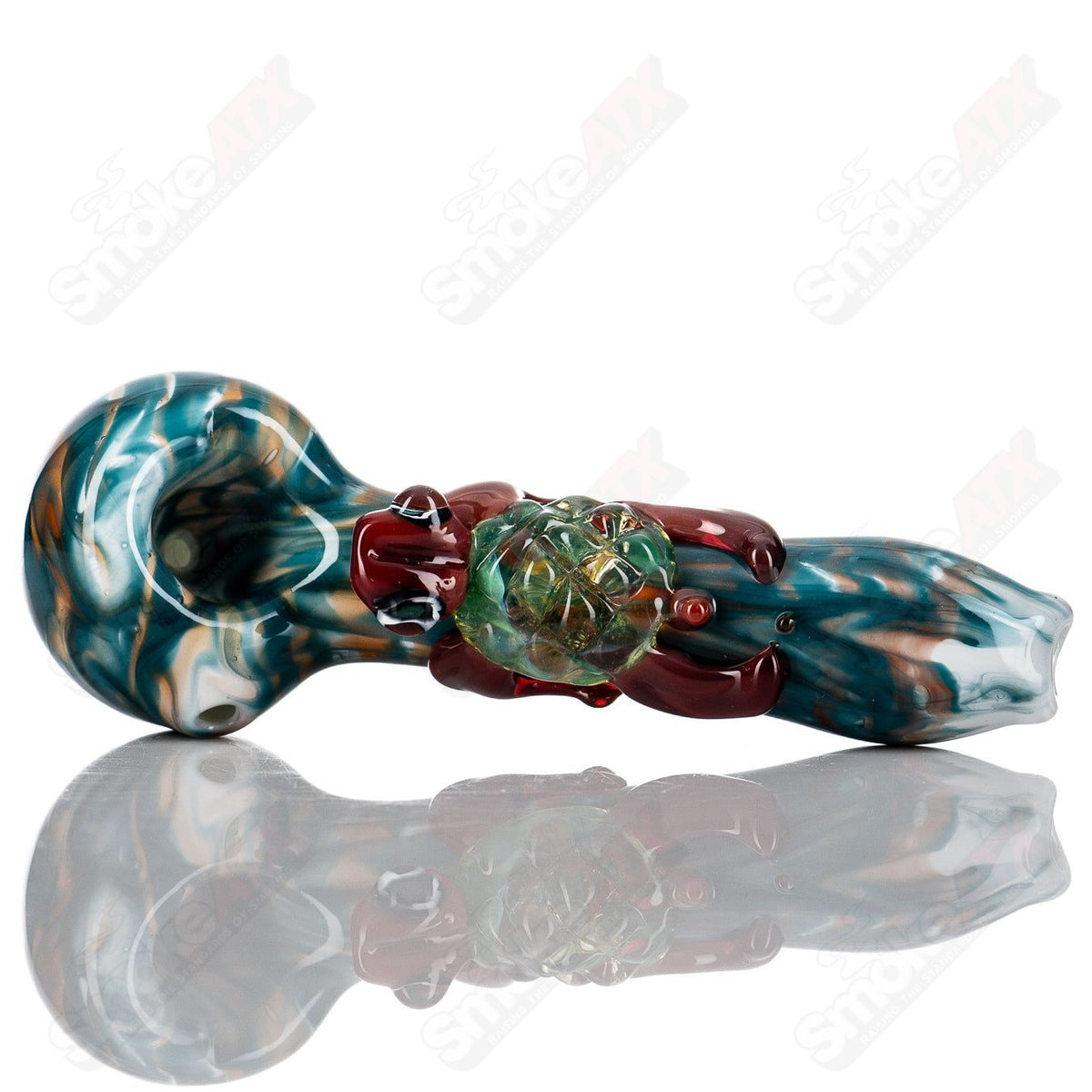 Handmade glass #8 Critter Spoon pipe by Molten Imagination featuring colorful critter design and smooth glass finish.