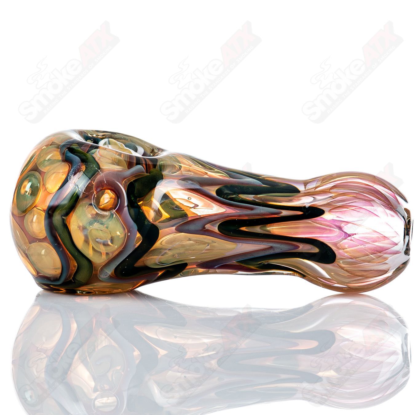 Glass pipe with gold and silver fume design, Shane Smith #8 I/O spoon pipe for smoking, detailed close-up image.