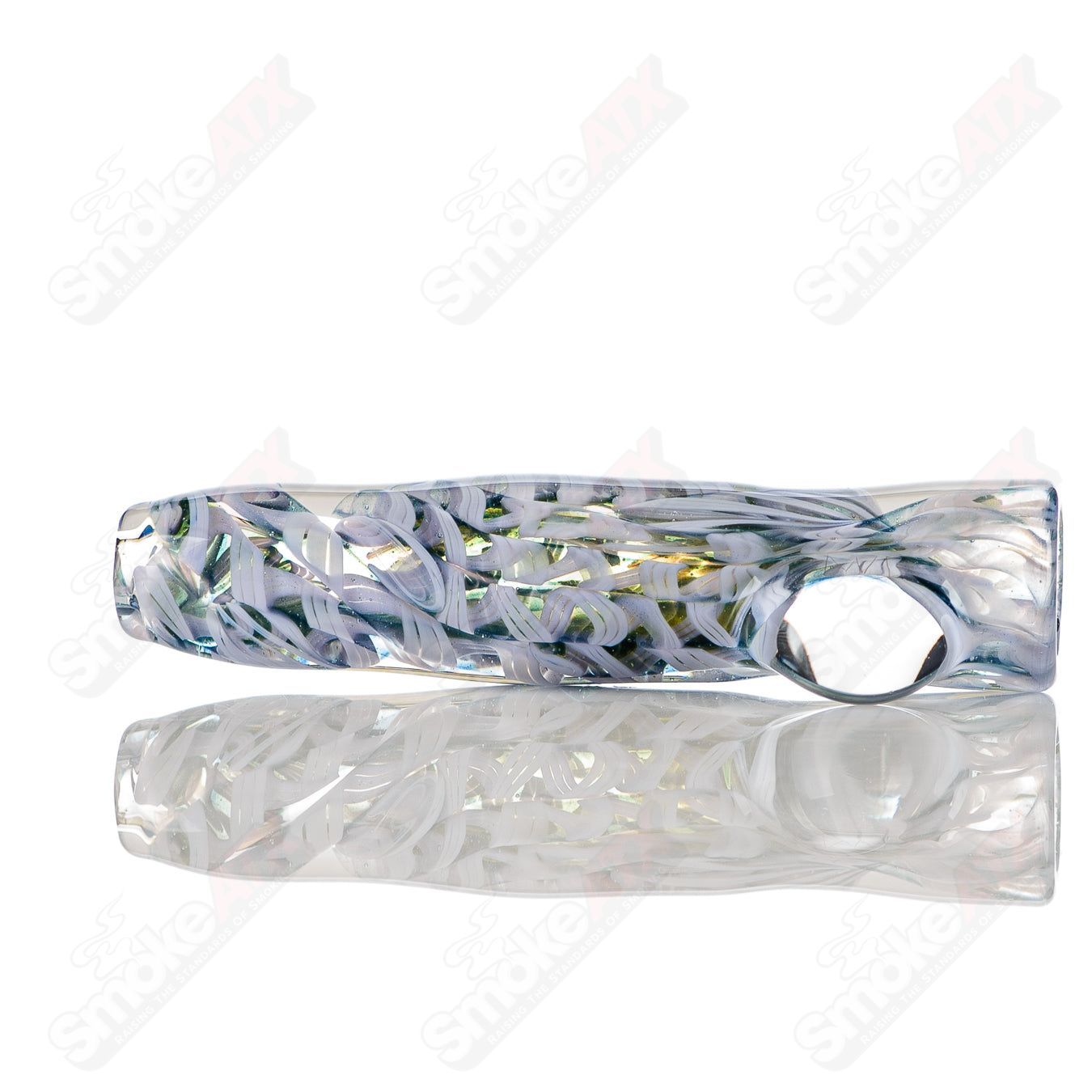 Handcrafted JMK Glass #8 I/O Worked Chillum with signed detail, made of clear glass with intricate worked design.