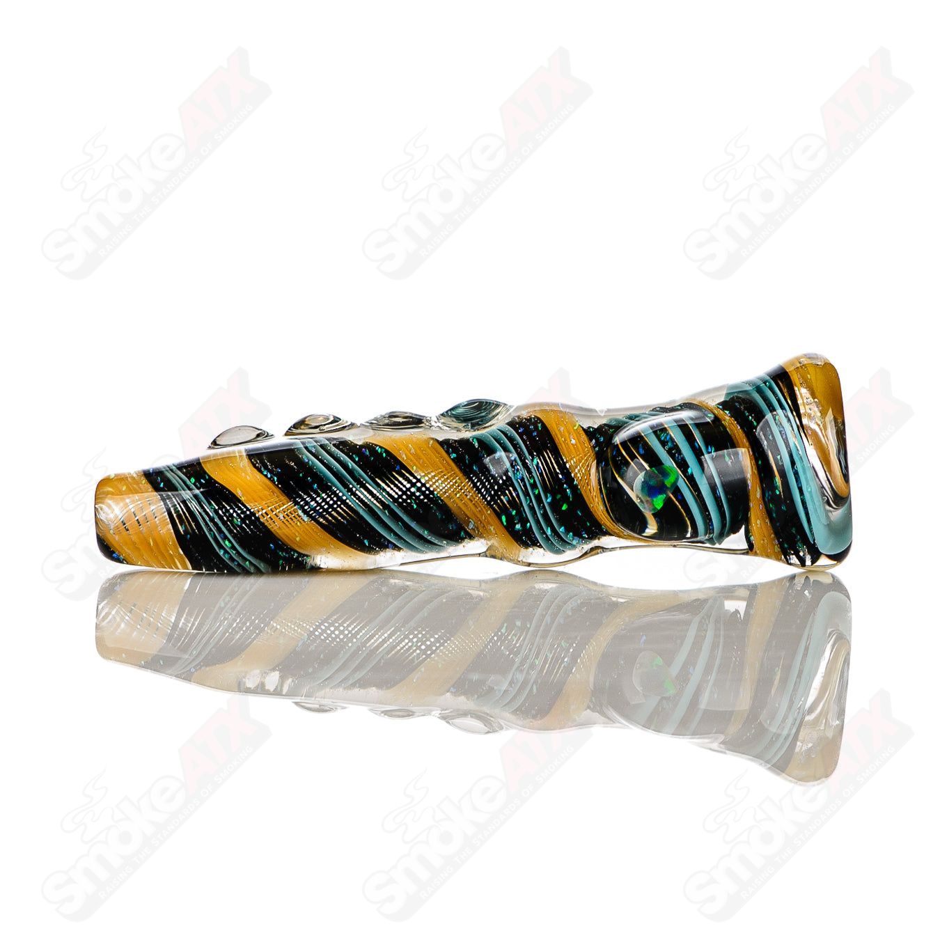 Clear glass #8 Opal Hitter Chillum by Rotational Science, featuring colorful opal accents and a smooth, rounded shape.