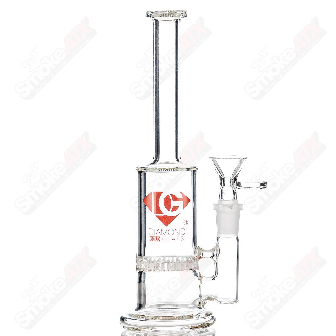 8-inch red Diamond Glass honeycomb concentrate rig with DG logo and diamond accents, featuring a clear glass design