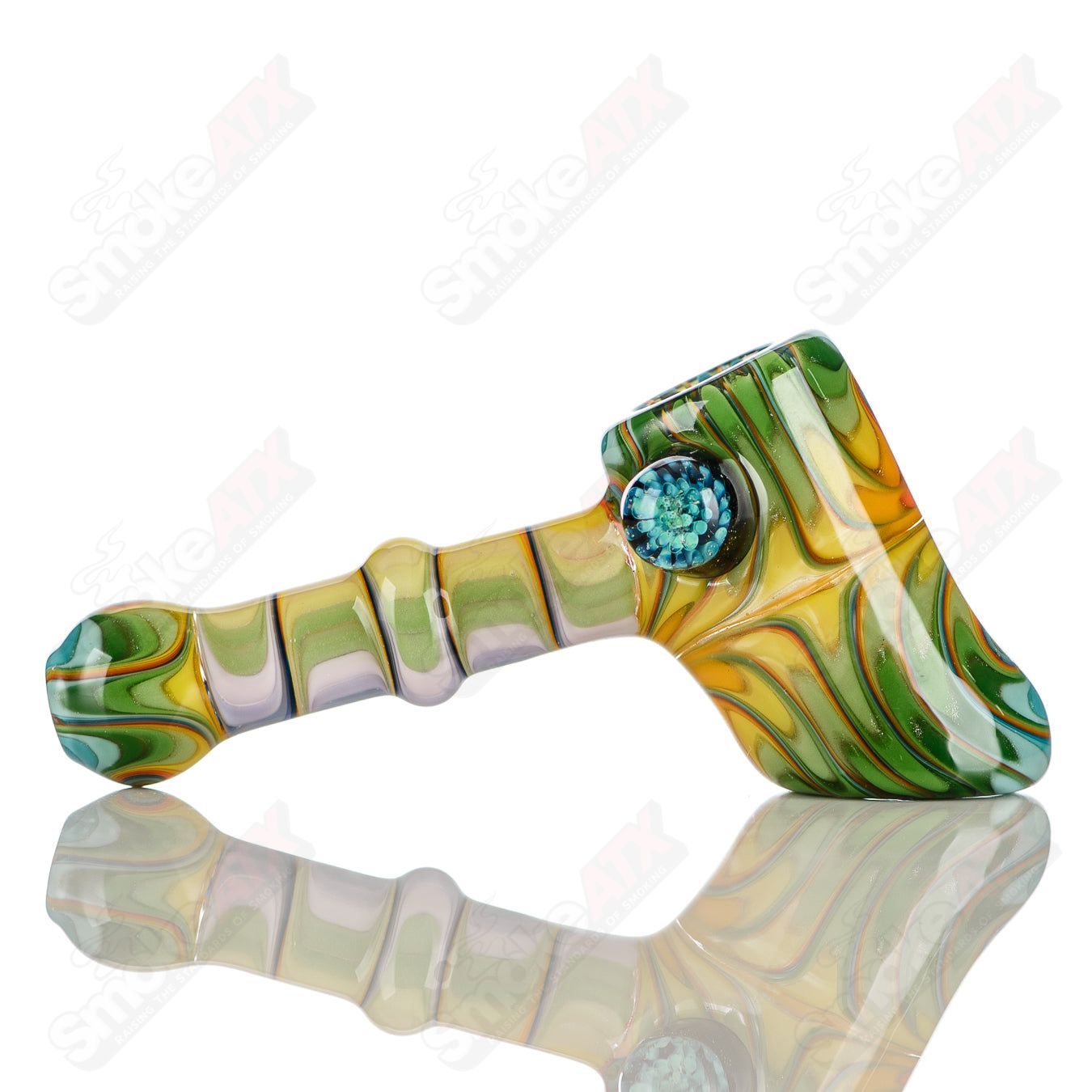 Katy Wright Glass Wig Wag Hammer Dry Pipe, hand pipe with colorful wig wag design and textured hammer shape.