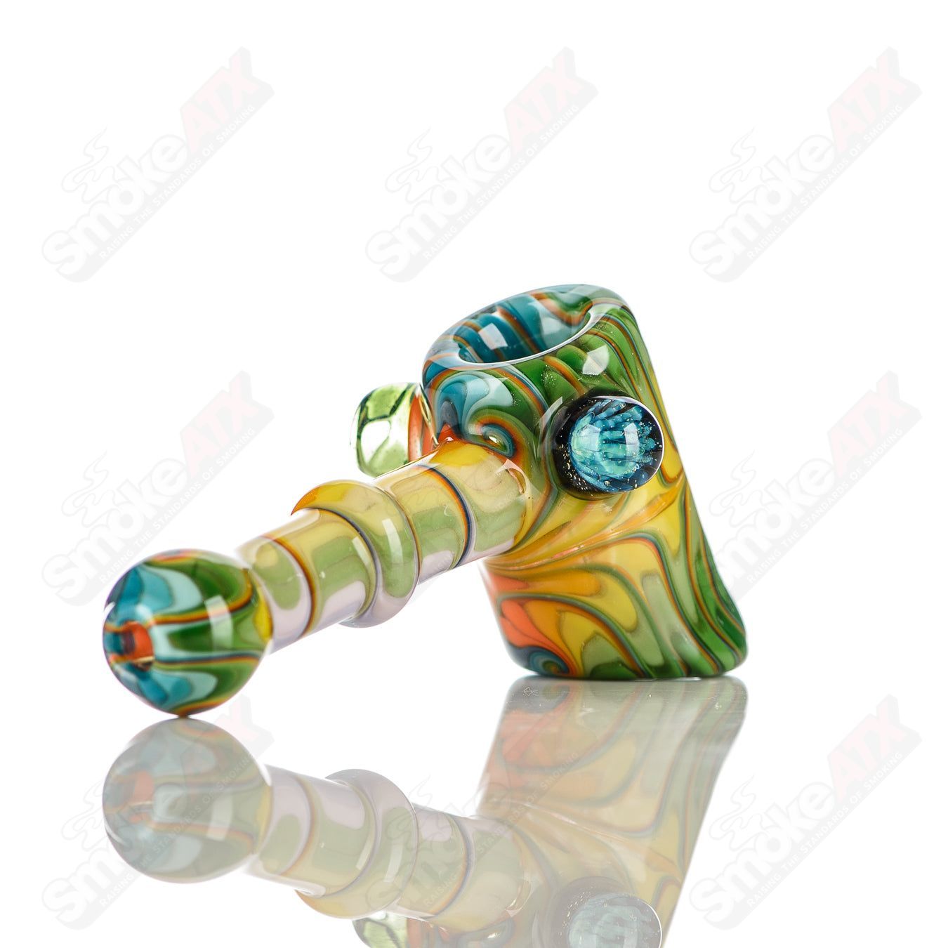 Katy Wright Glass Wig Wag Hammer Dry Pipe, heady glass hand pipe with colorful wig wag design and textured hammer shape.