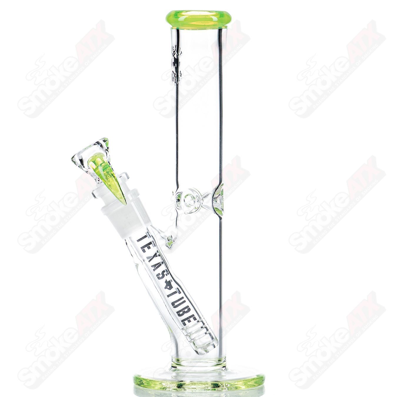 Green Slyme 8.5-inch 14mm glass straight tube by Texas Tubes, featuring a sleek design and clear glass construction.
