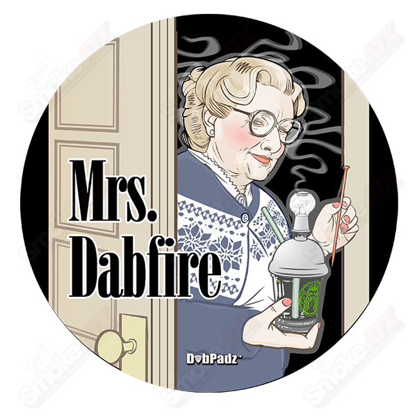 8-inch Mrs. Dabfire fabric dab mat by Dab Padz, soft and absorbent surface for dab rigs and concentrates.