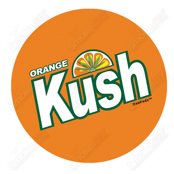 Orange Kush fabric dab mat by Dab Padz, 8-inch size, featuring vibrant orange cannabis leaf design for smoking accessory protection.