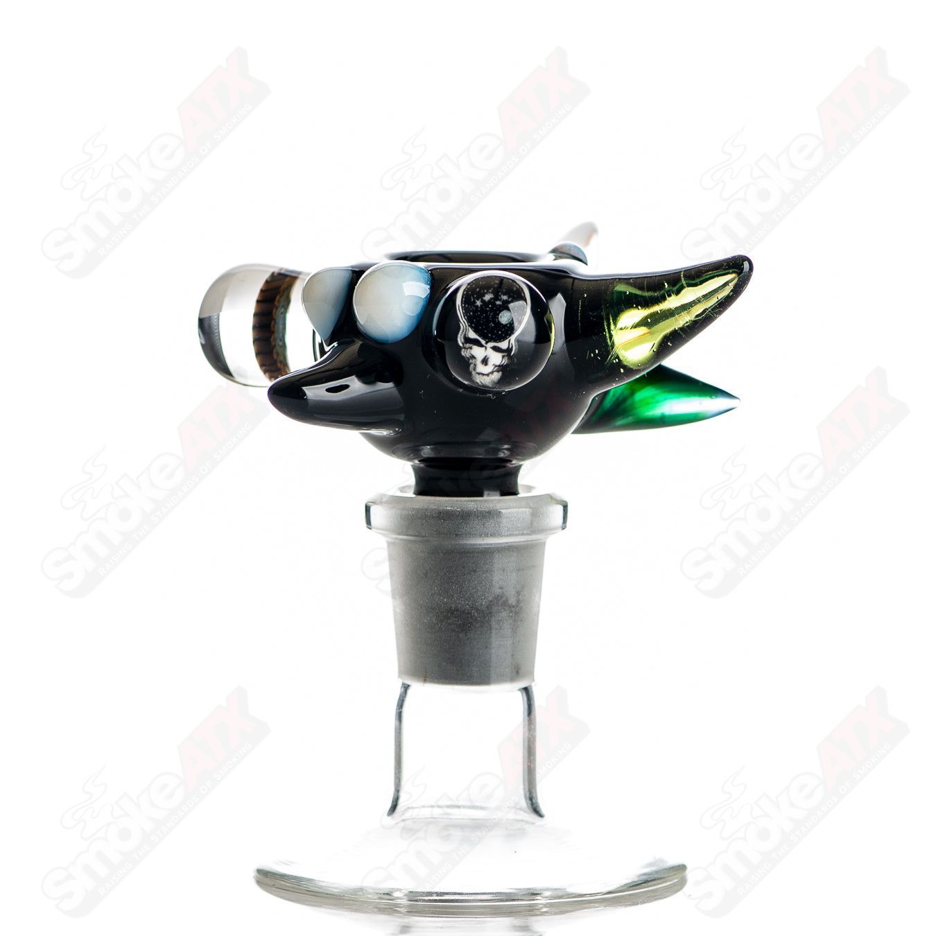 JMass 14mm full-color worked horn milli bowl for heady glass pipes, featuring intricate horn design and vibrant colorwork.