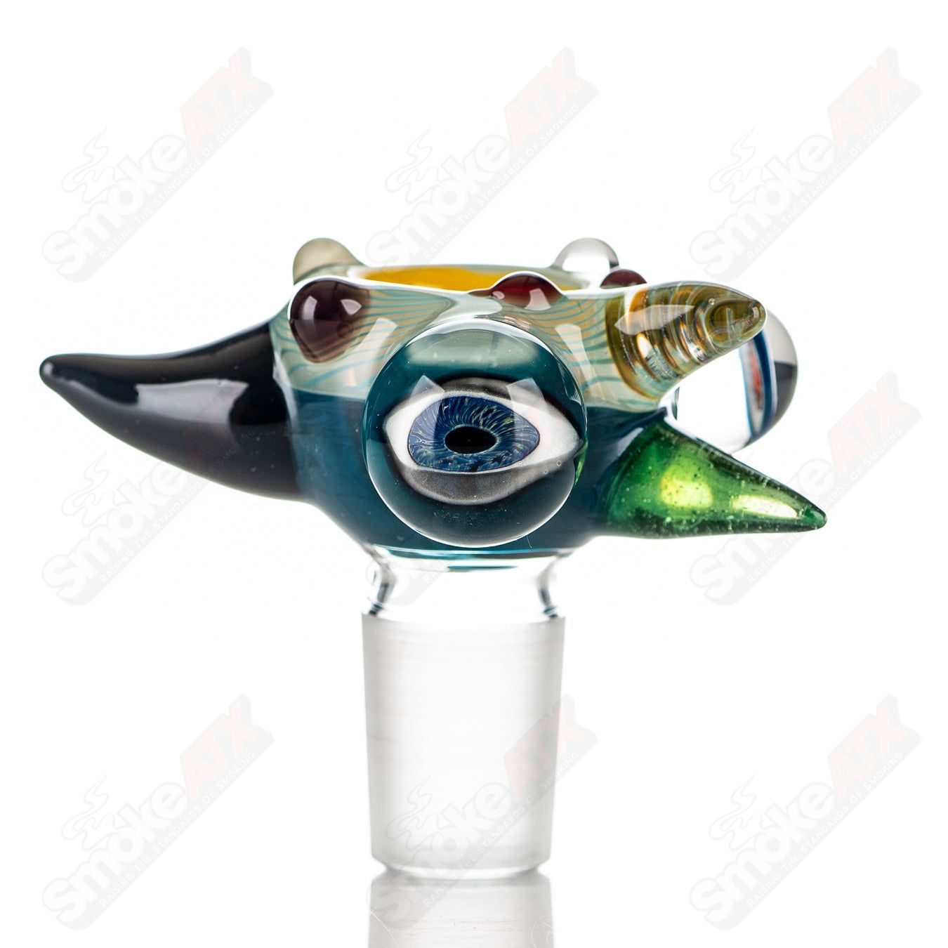 Colorful JMass 19mm full color worked horn Milli bowl for heady glass pipes, featuring intricate horn and design details.