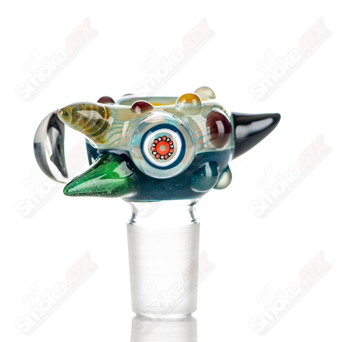 JMass 19mm full-color worked horn Milli bowl for heady glass pipes, featuring vibrant horn design and intricate detailing.