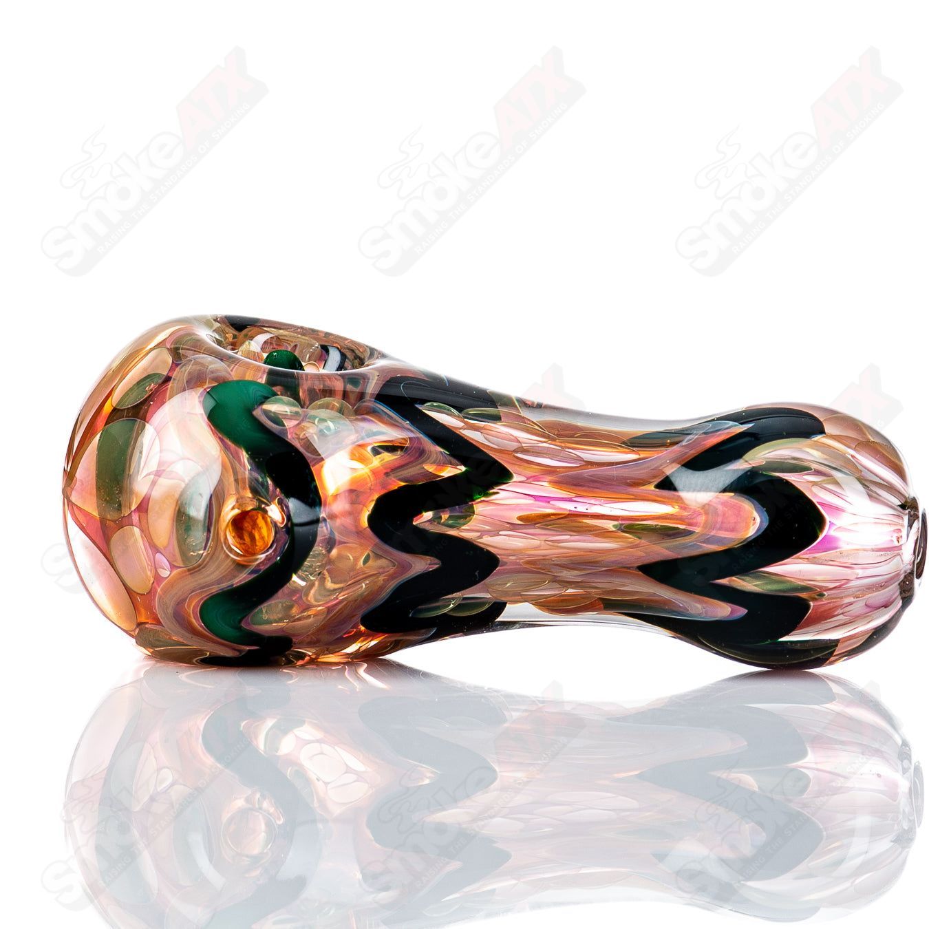 Glass pipe spoon with gold and silver fume accents by Shane Smith, showcasing intricate glass art design.