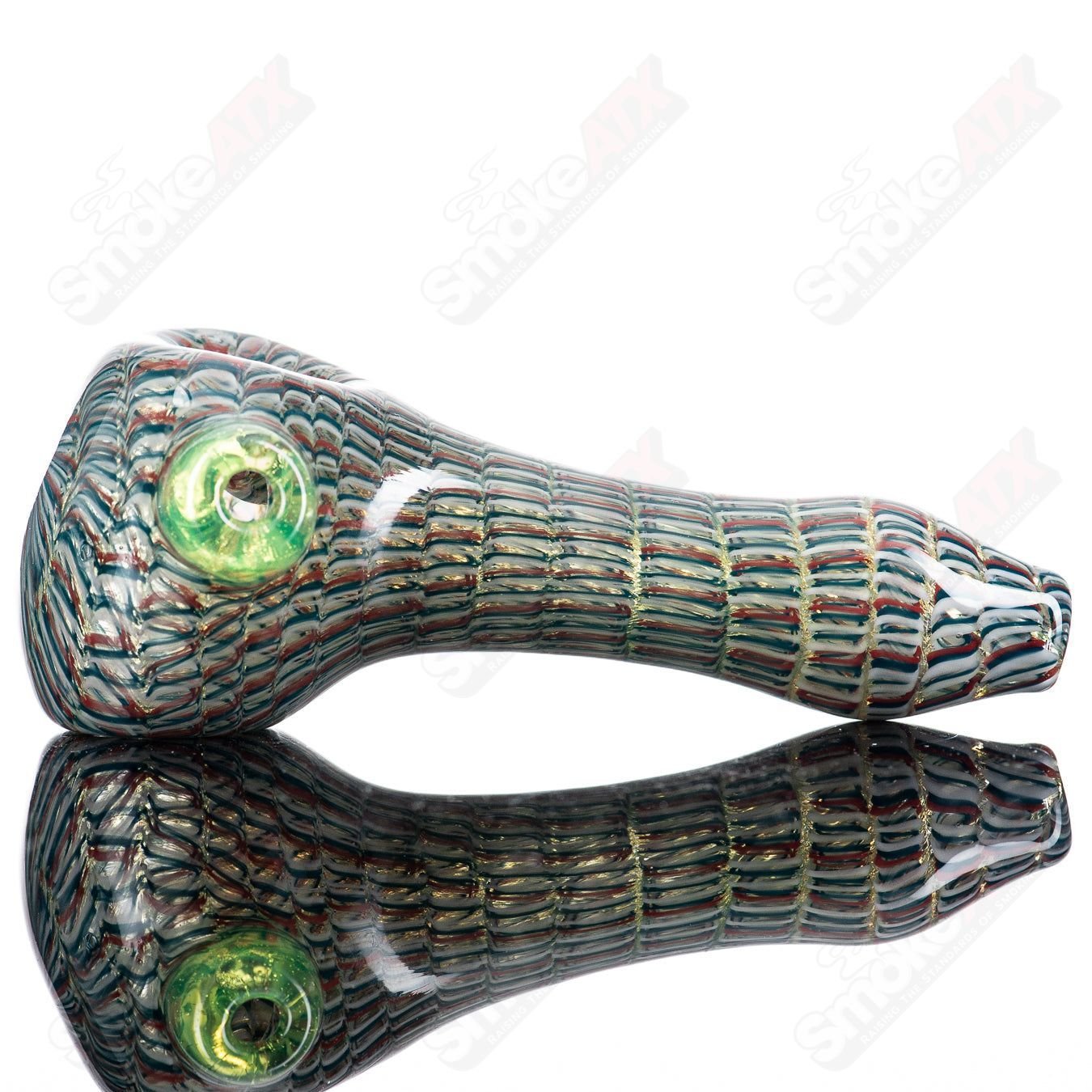 JMK Glass #9 Lattice Coil Spoon hand pipe with intricate lattice coil design, clear glass construction for smoking accessories.