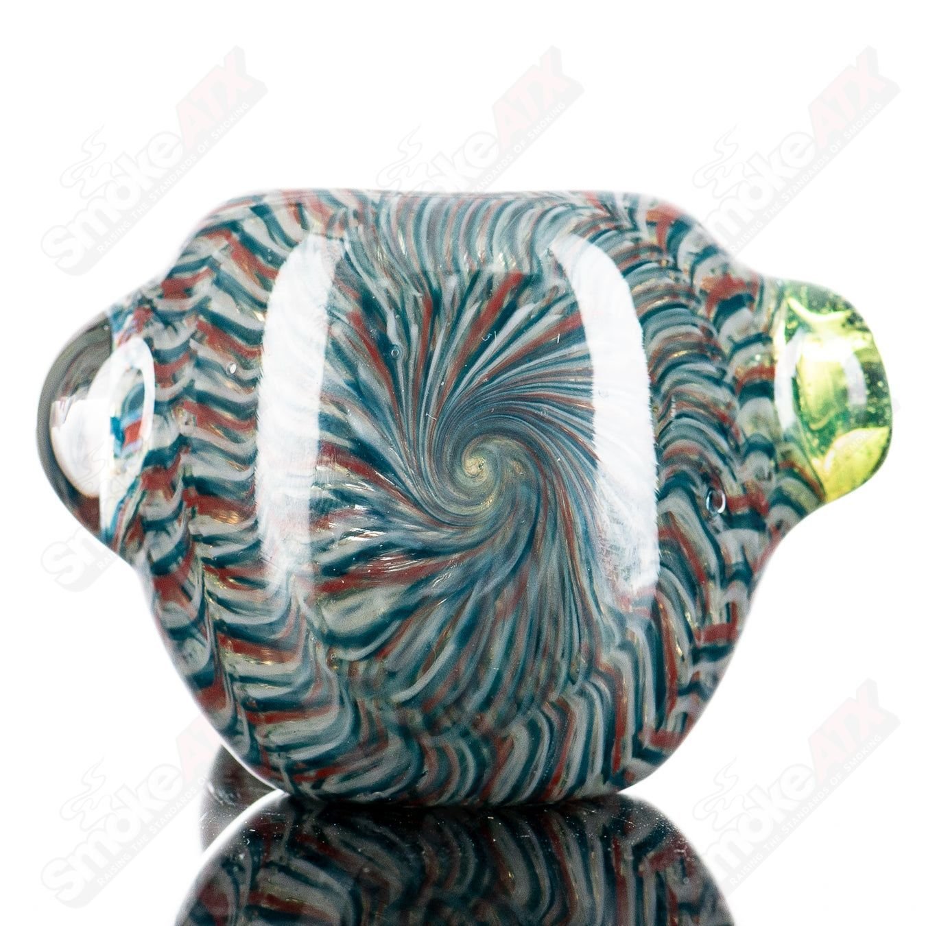 Clear glass Lattice Coil Spoon pipe by JMK Glass, featuring intricate lattice coil design and smooth hand pipe shape.