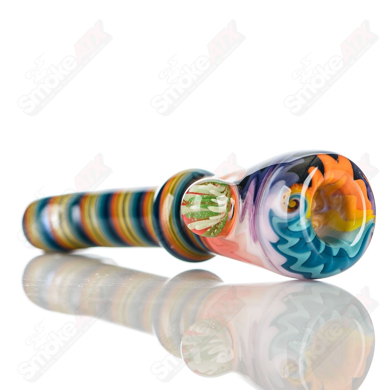 Katy Wright Glass Wig Wag Chillum, handmade heady glass smoking pipe with colorful wig wag design, compact and artistic.
