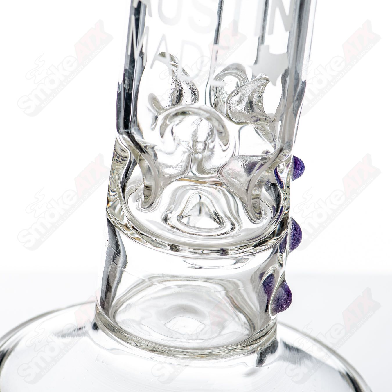 Purple 9.5-inch glass bubbler with color dot reduction and ice pinch percolator by Austin Made Glass Co.