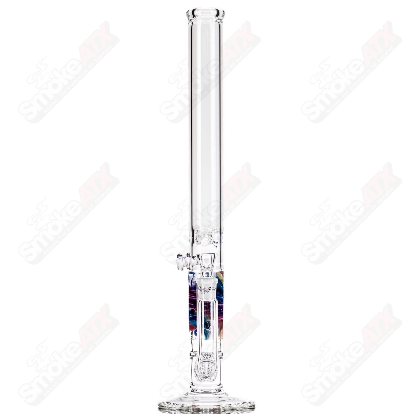 20-inch Rainbow Fade Apolocoline straight glass tube by Dirty Rico with 14mm bowl, featuring vibrant rainbow colors and clear glass accents.