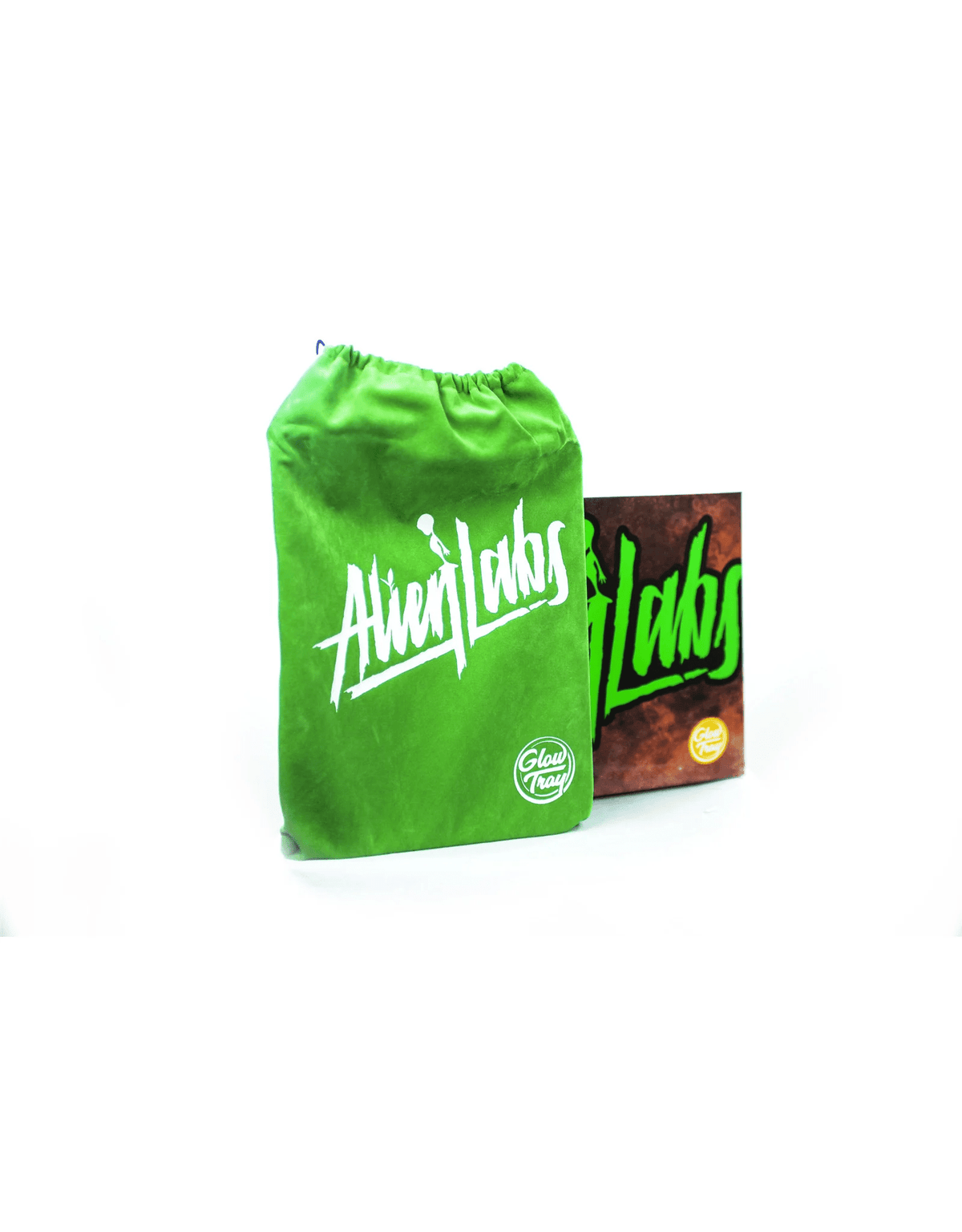 Brightly glowing Alien Labs Glow Tray for rolling, featuring vibrant Alien Labs artwork on a durable 420 rolling tray.