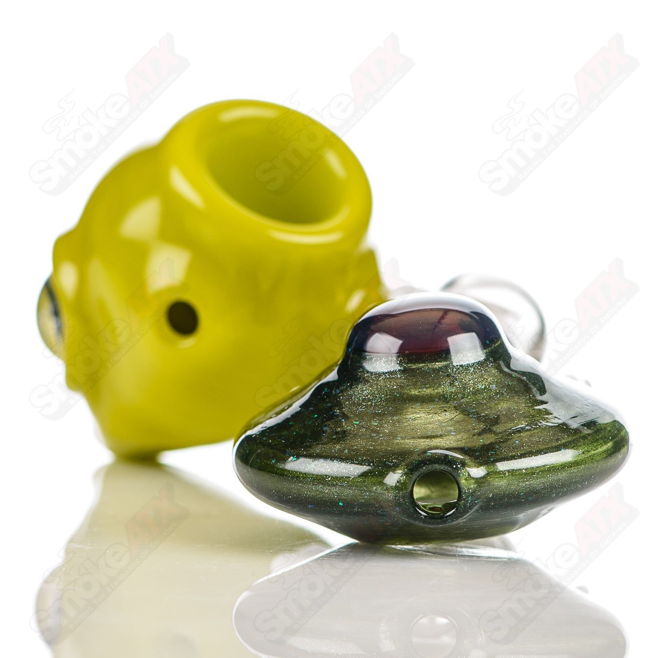Ghost Glass Alien Sidecar Dry Pipe, Heady Sherlocks glass pipe with detailed alien and sidecar design, clear glass construction.