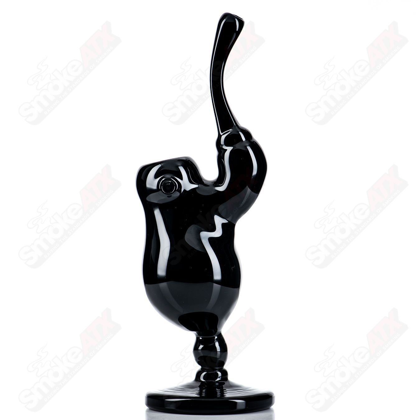 All-black Sherly Bubbler JMass heady glass concentrate rig with a sleek, rounded design and intricate glass artistry.