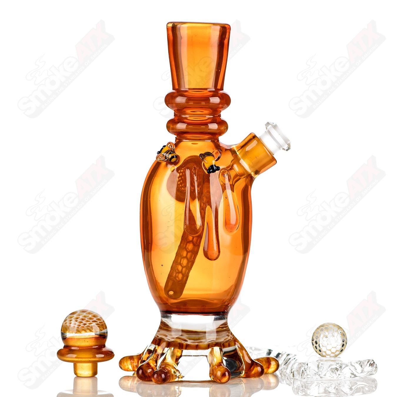 Amber Honeycomb Lamp Set by Joe P Glass featuring colorful, intricate heady glass bubbler with honeycomb design.