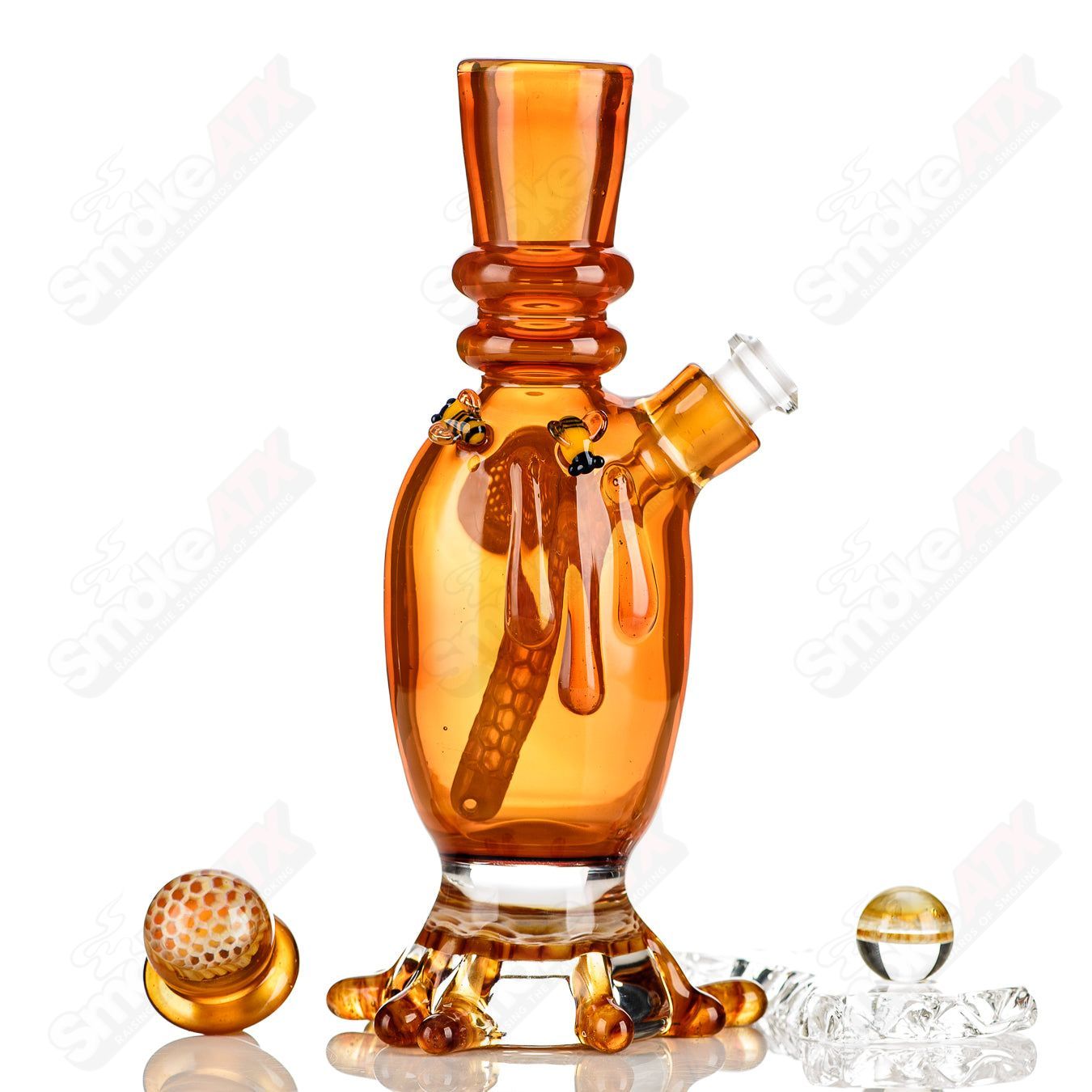 Amber Honeycomb Lamp Set by Joe P Glass, a stylish heady glass bubbler with intricate honeycomb design and amber coloring.