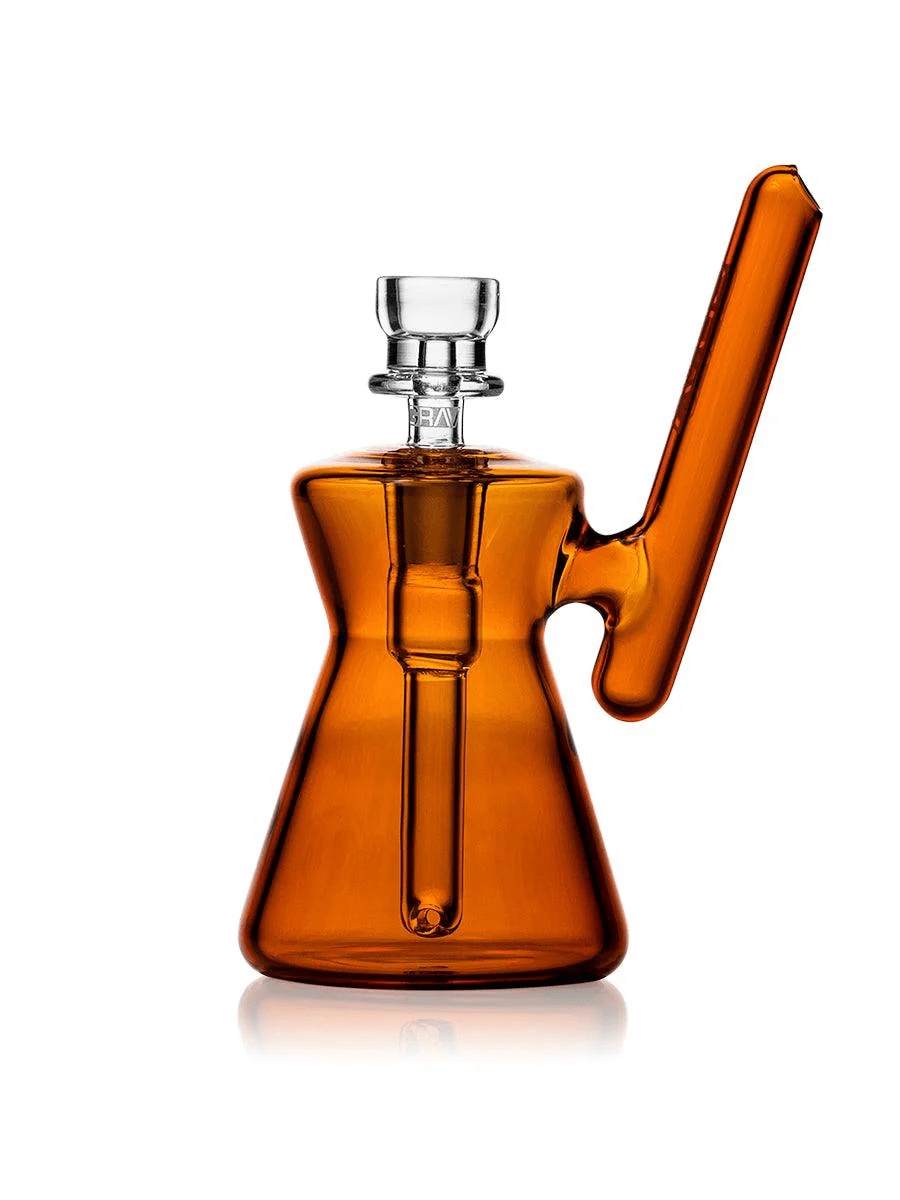 Amber hourglass-shaped Grav glass pocket bubbler pipe with a compact, portable design and smooth glass finish.