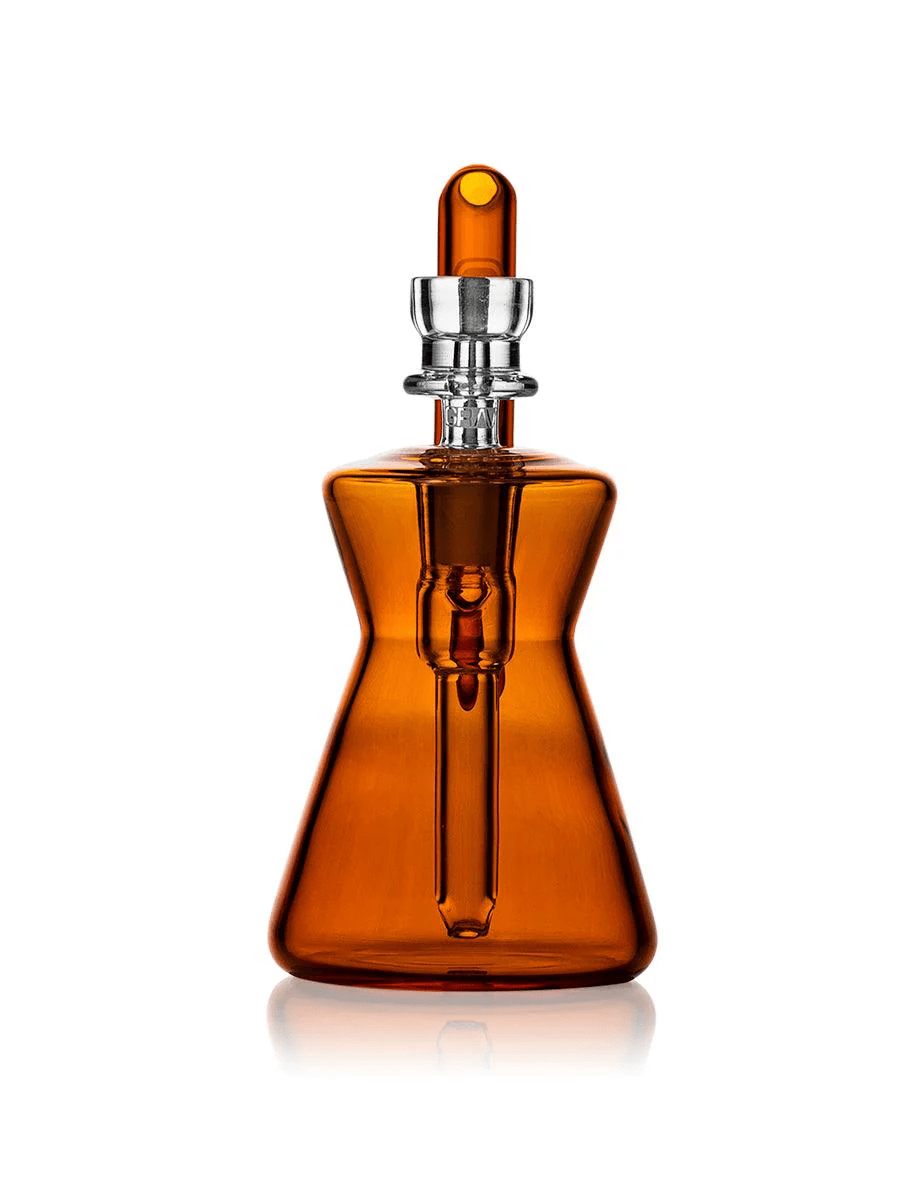 Amber hourglass-shaped Grav pocket bubbler made of glass, compact pipe with intricate design and smooth surface.