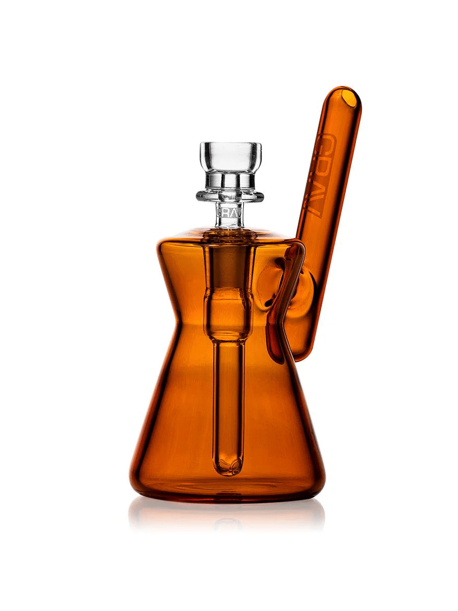 Amber hourglass-shaped Grav glass pocket bubbler pipe with a sleek, portable design perfect for on-the-go use.