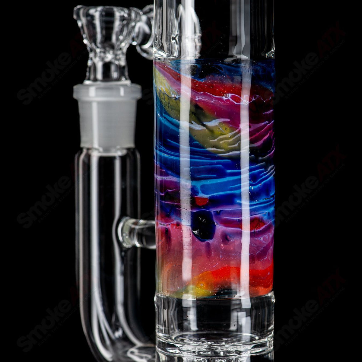 20-inch rainbow fade Apolocoline straight glass tube with 14mm bowl by Dirty Rico Glass, featuring vibrant rainbow colors and clear glass details.