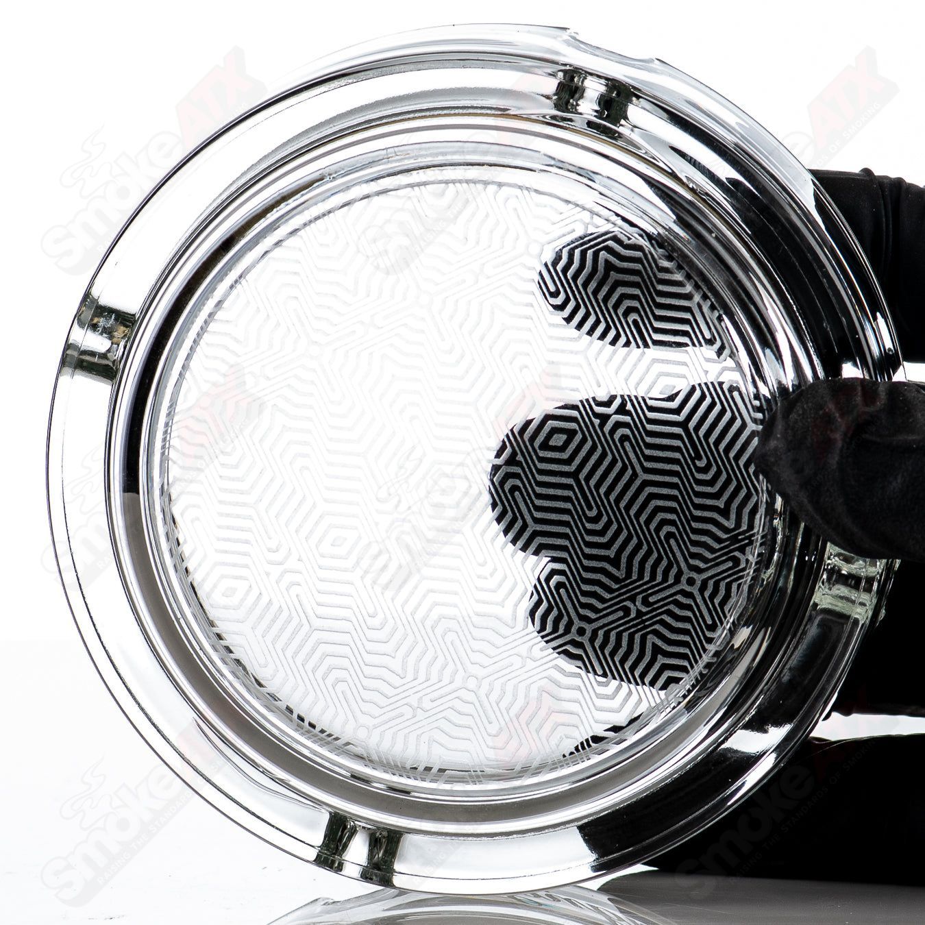 Sovereignty Glass 420 ashtray with mech pattern design, featuring a round glass ashtray with intricate mechanical details.