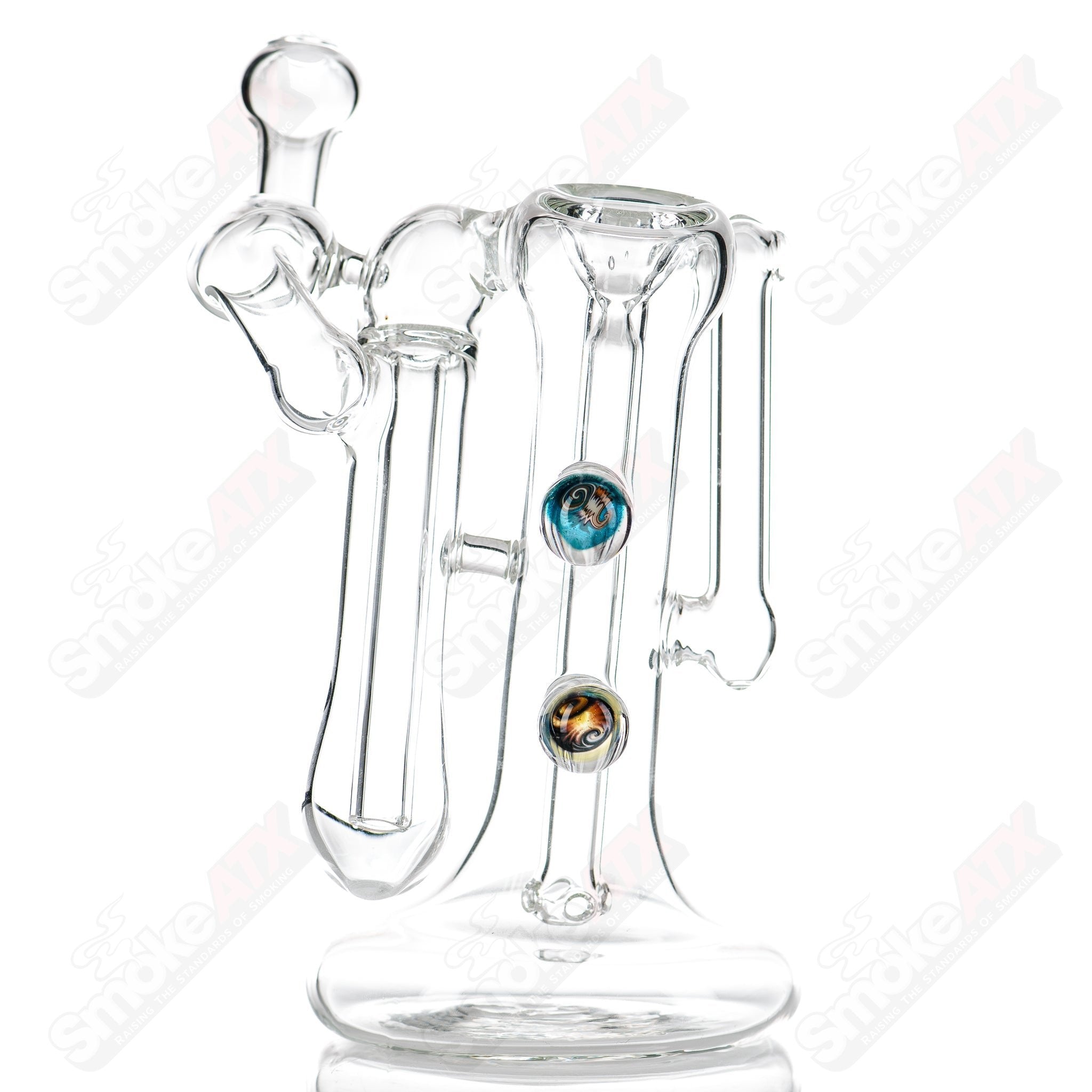 Glass Beale Double Bubbler with Millie design by GlasseX, featuring intricate glasswork and a clear, polished finish.