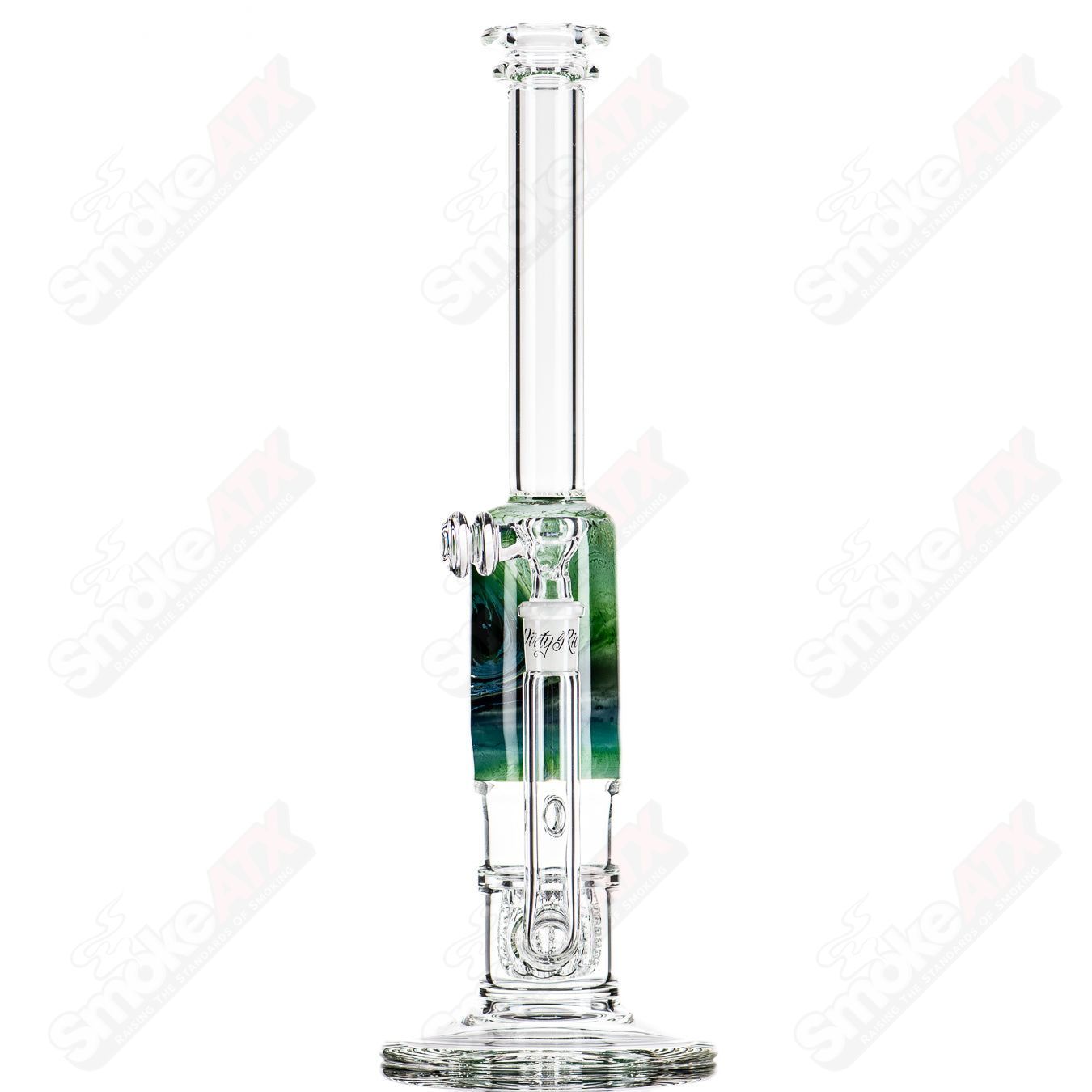 14" Green White Blue Fade Apolocoline Straight Tube w/14m Bowl by Dirty Rico Glass x Nobody Glass - Smoke ATX
