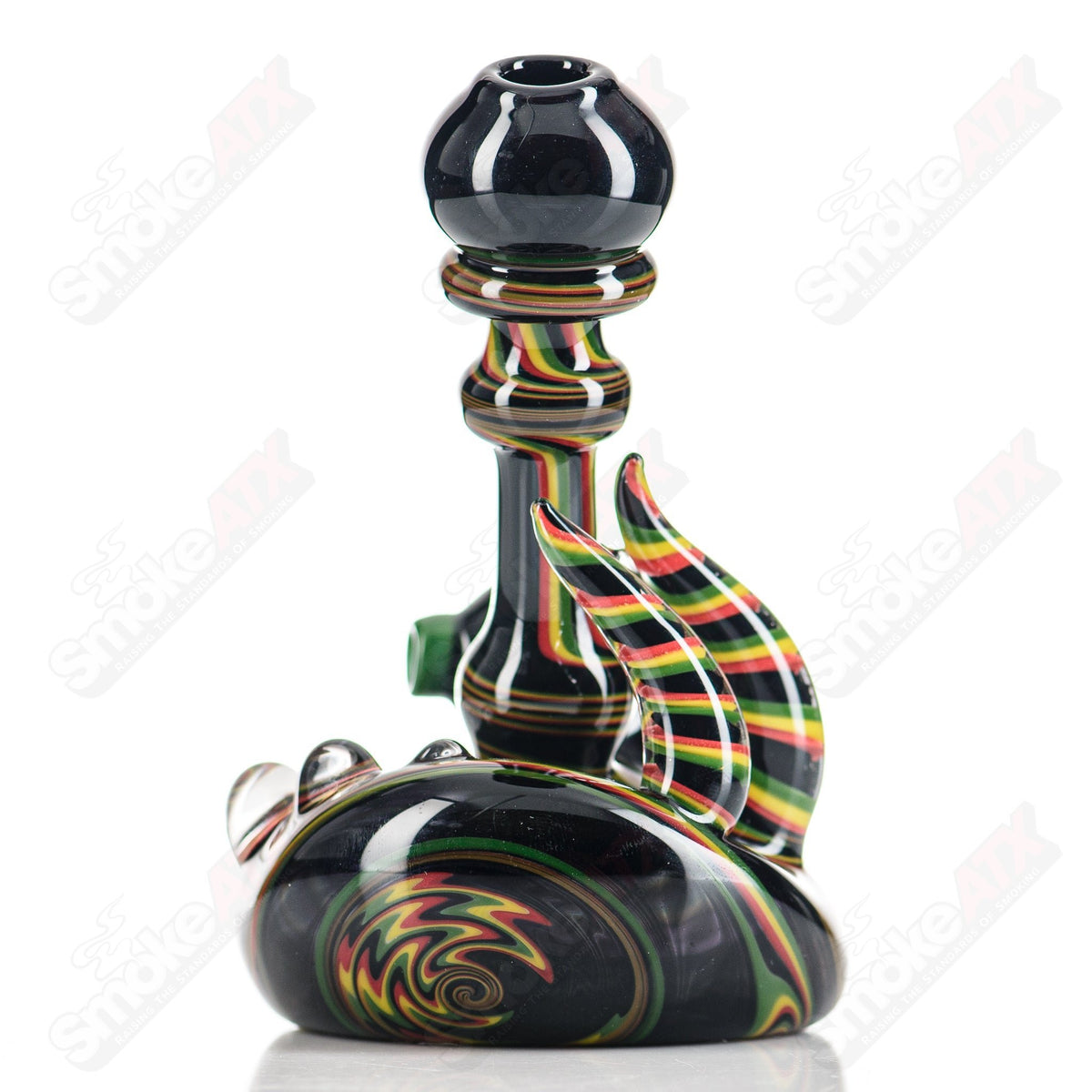 Clear glass stand-up pipe with line work design by Chaz Pyle, showcasing intricate glass art on a smooth pipe surface.