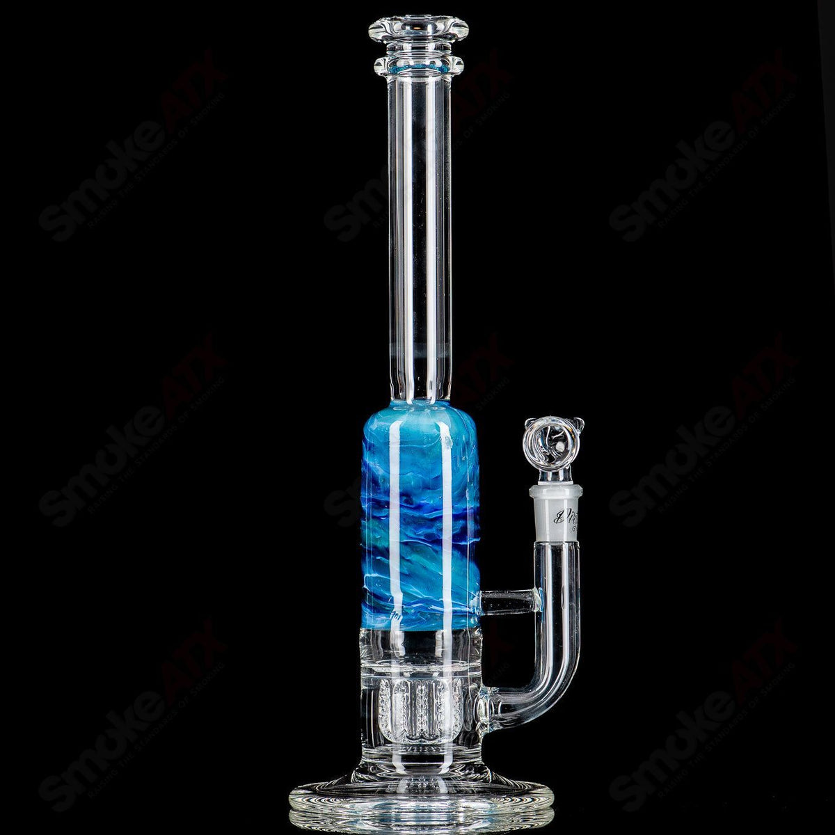 13-inch blue and light blue fade Apolocoline straight glass tube with 14mm bowl by Dirty Rico Glass, featuring clear and vibrant colors.