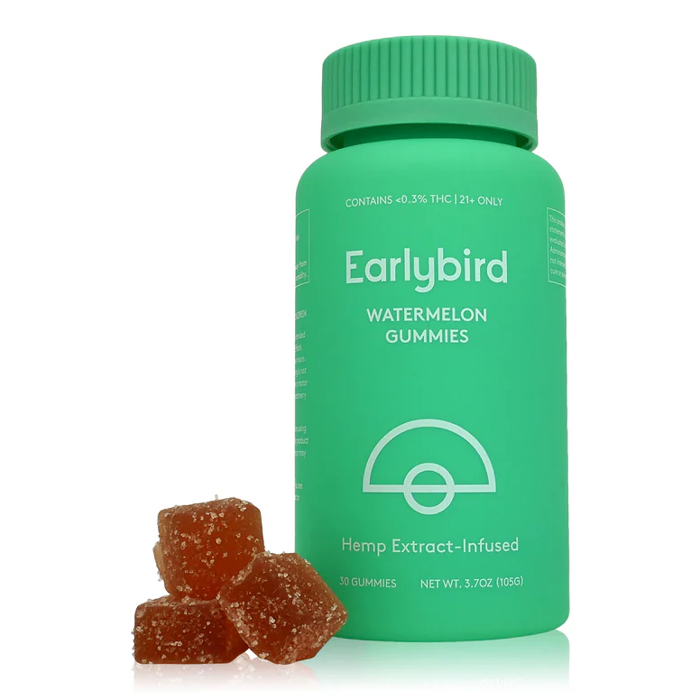 Early Bird Watermelon Gummies hemp edibles, 30-count, colorful watermelon-shaped candies on a white background.