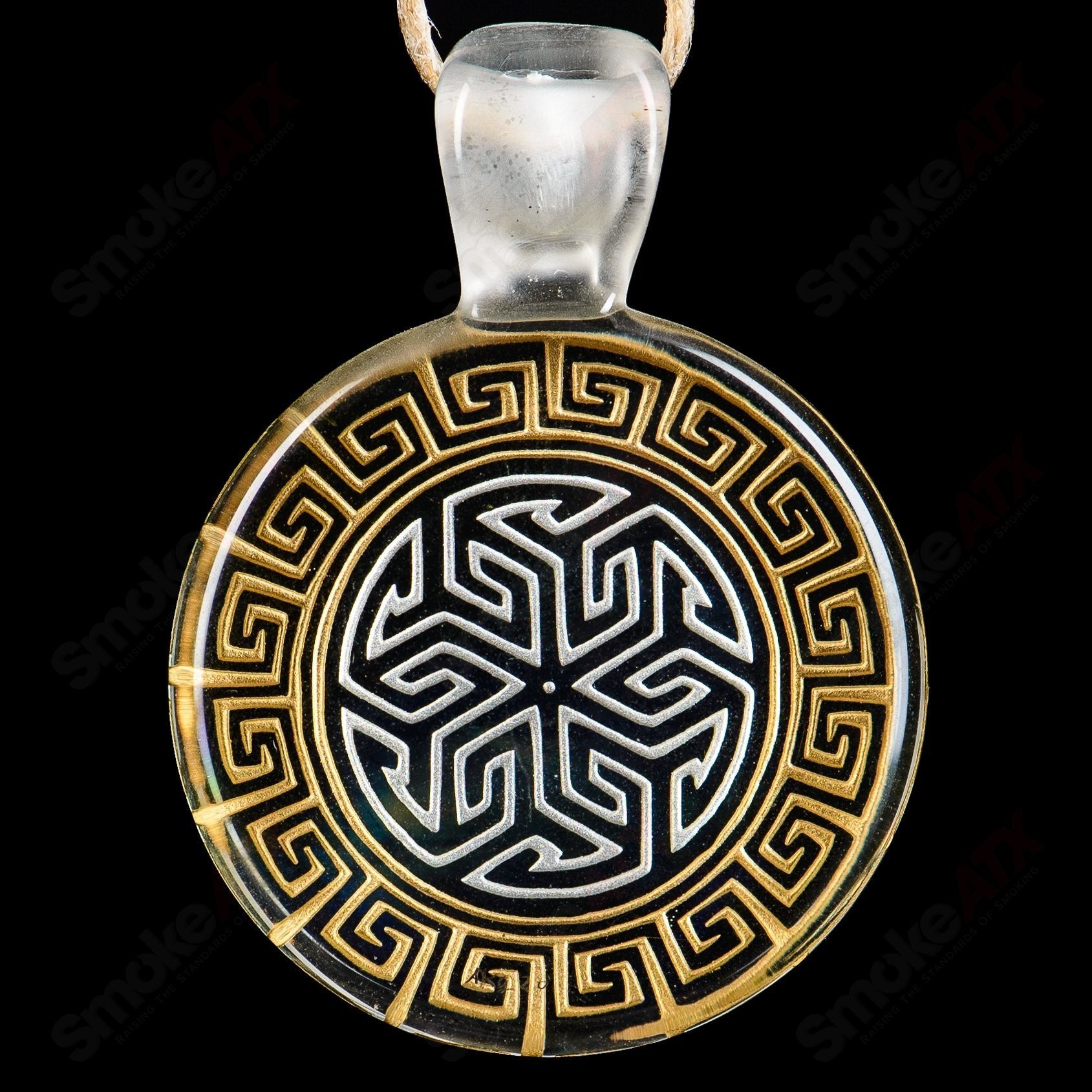 Alkaline Glass #2 Complex Inlay Pendant featuring intricate glass inlay design, hanging from a silver chain.
