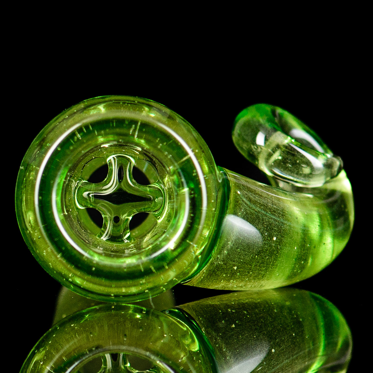 Chartreuse 18mm full accent slide bowl by Black T Glass, featuring black T glass with black accents and T-shaped design.