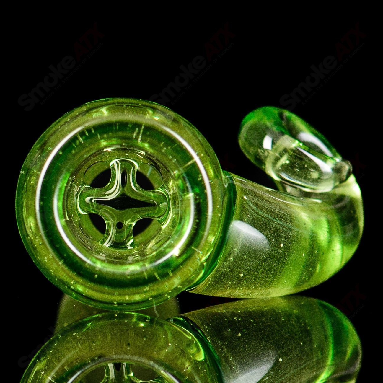 Chartreuse 18mm full accent slide bowl by Black T Glass, featuring black T glass with black accents and T-shaped design.