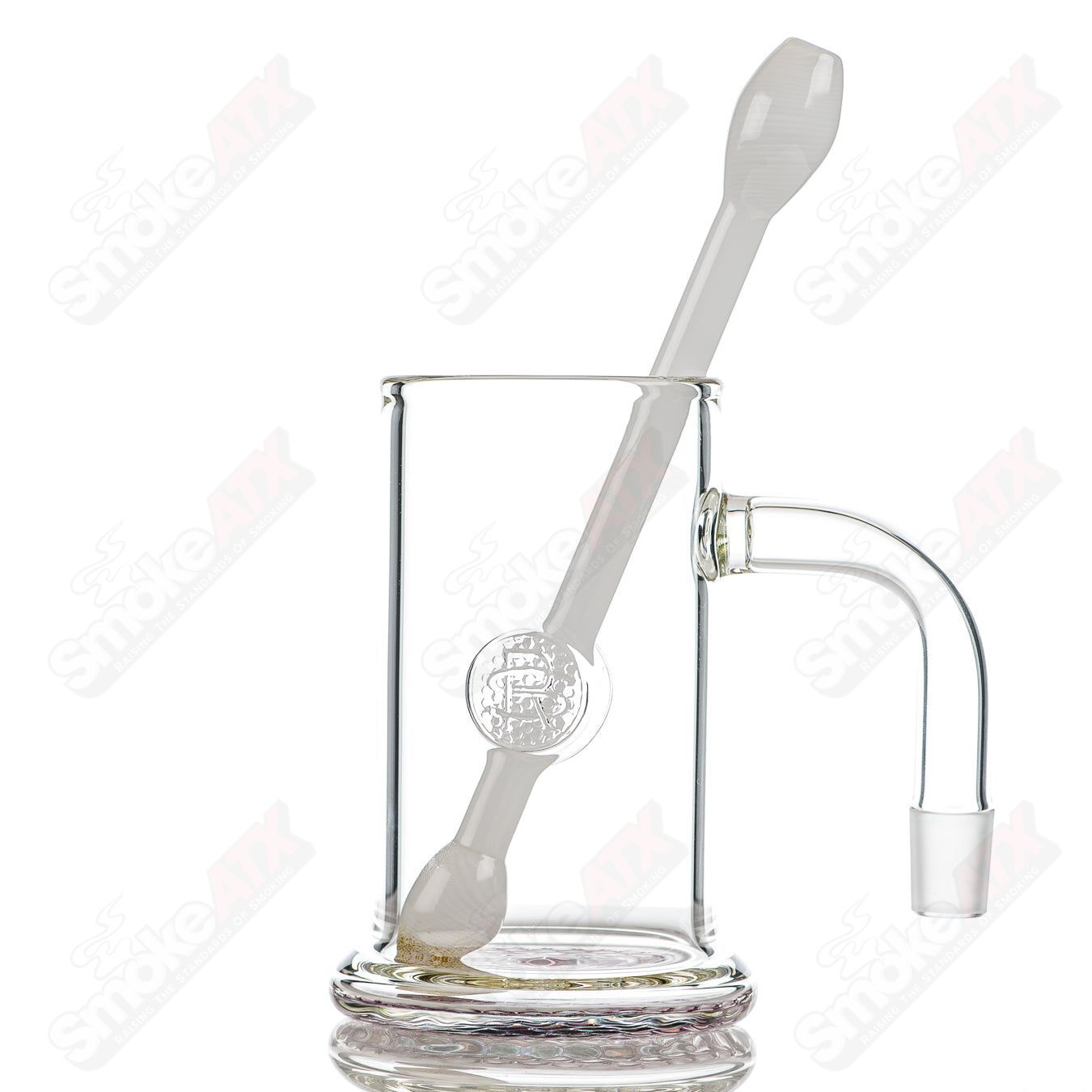 Surf Rat Glass Bangin Mug with gold ruby accent bottom and Q-tip straw, heady glass cup featuring vibrant design and intricate details.