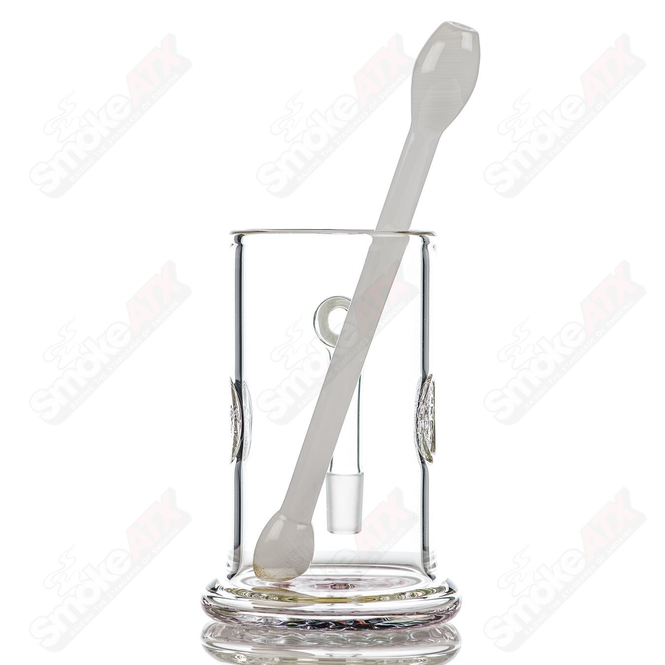 Surf Rat Glass Bangin Mug with gold ruby accent bottom and Q-tip straw, heady glass cup with vibrant design and clear glass body.