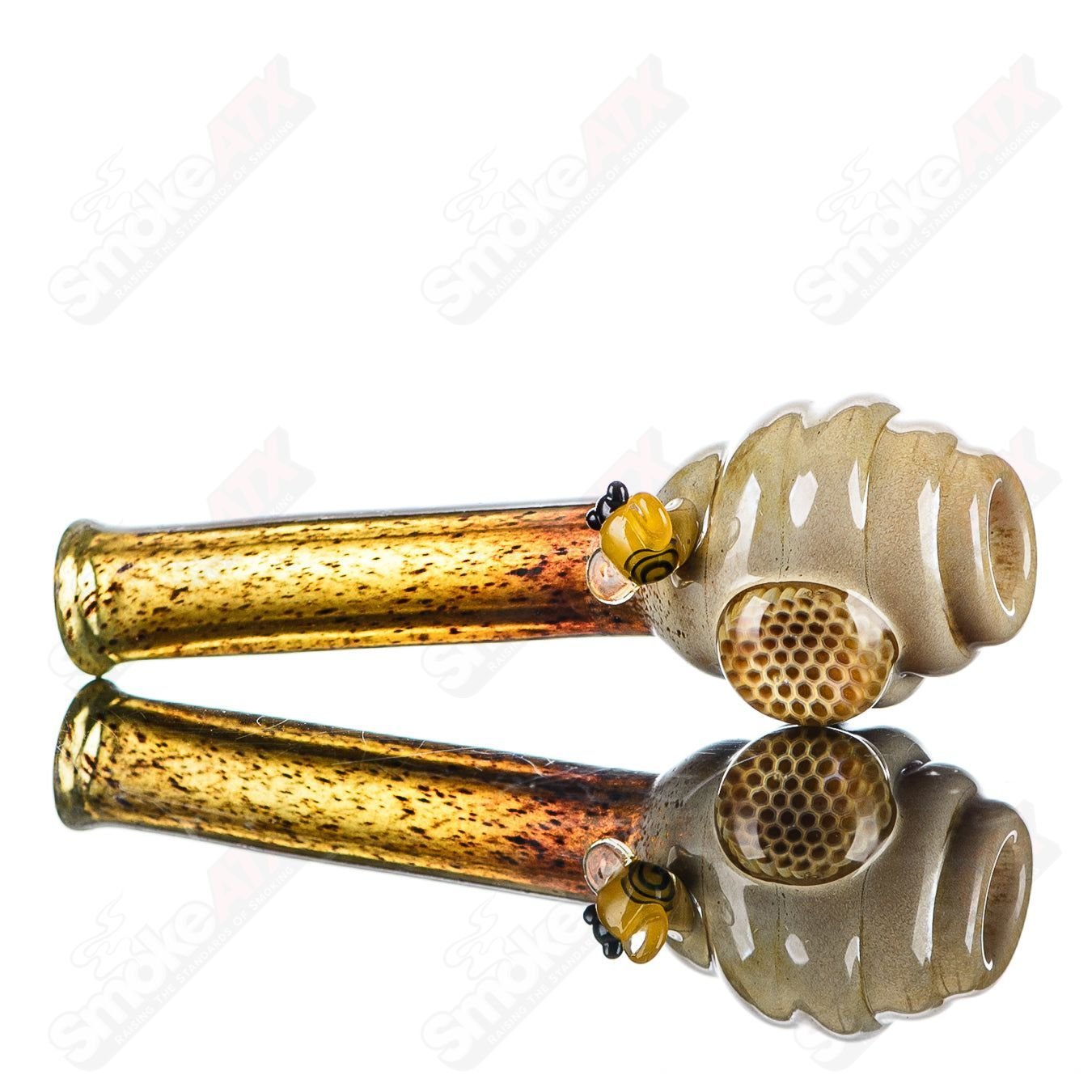 Joe P Glass Beehive Honeycomb Chillum, a handcrafted heady glass chillum with honeycomb design and vibrant green accents.