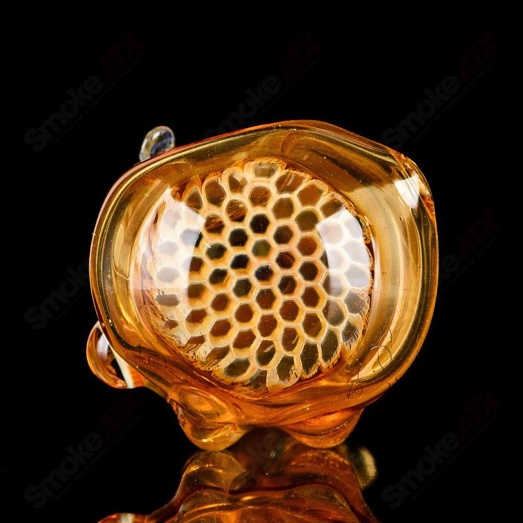 Joe P Glass beehive honeycomb spoon hand pipe, colorful heady glass pipe with detailed honeycomb design and smooth mouthpiece.