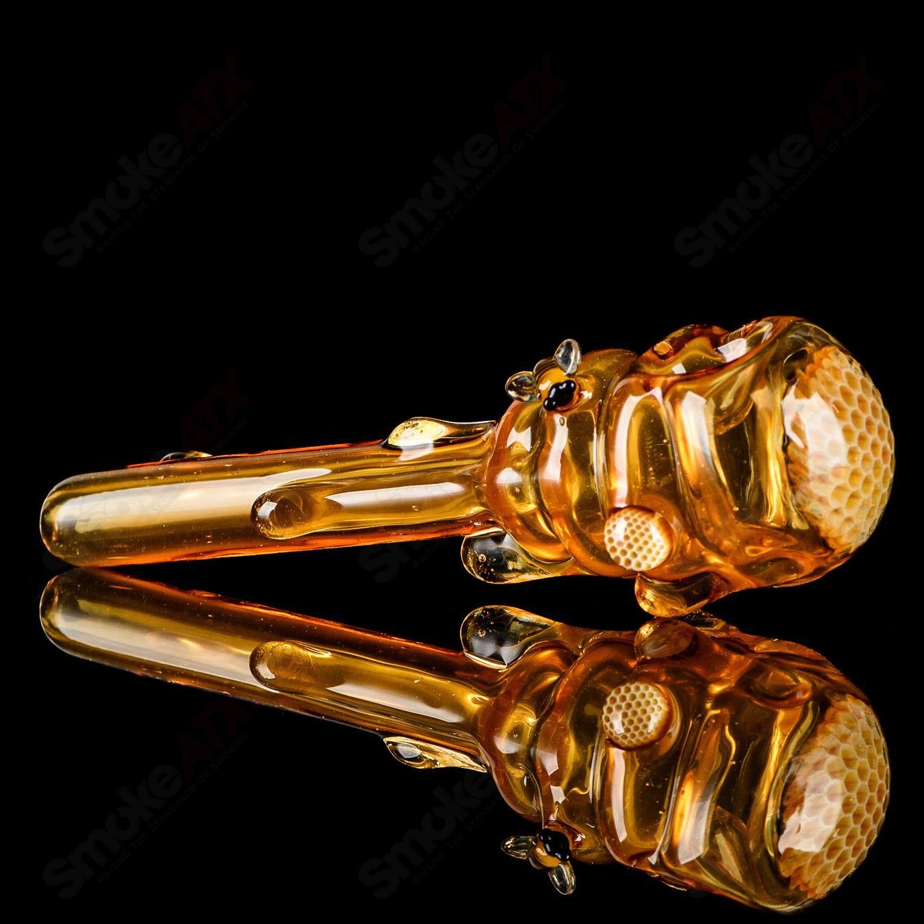 Joe P Glass Beehive Honeycomb Spoon Hand Pipe with intricate glass design, perfect for smoking.
