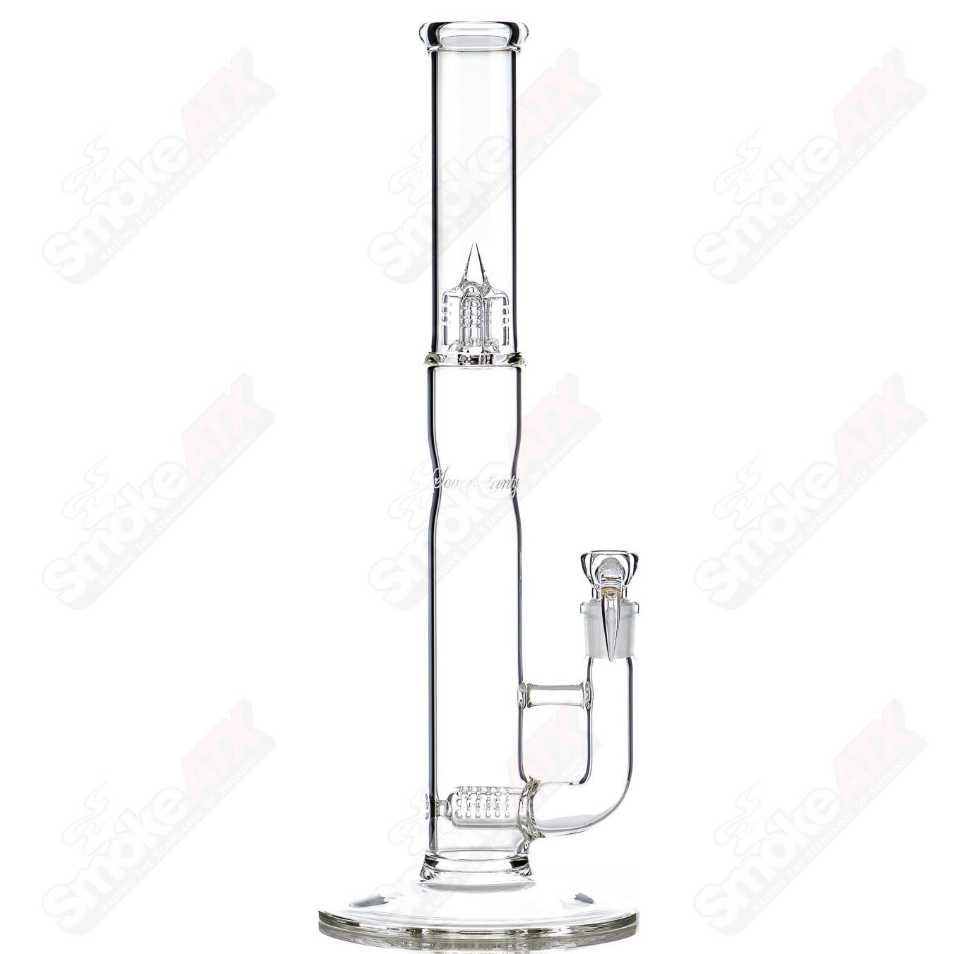 Clear Bishop Stemline straight glass tube with body reduction feature by Sovereignty Glass, showcasing its sleek design and craftsmanship.