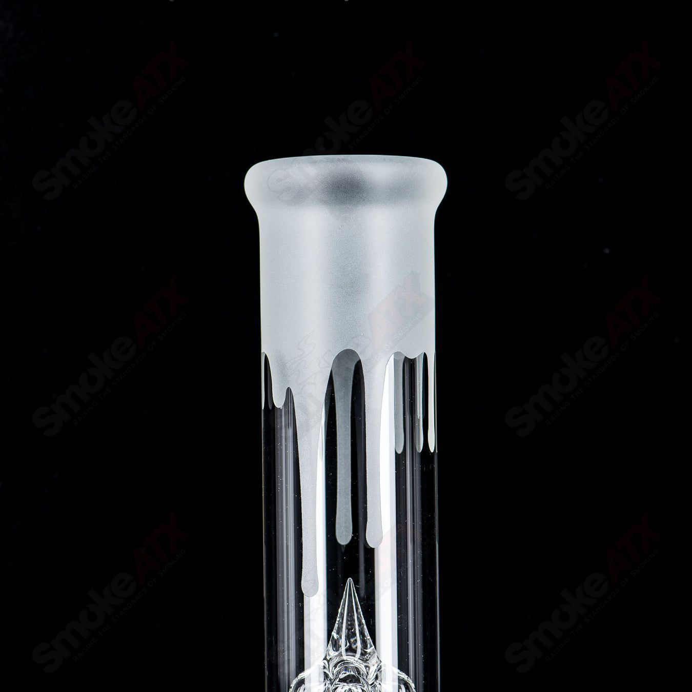 Clear Bishop Stemline glass tube with Halloween pattern by Sovereignty Glass, showcasing intricate design and straight shape.