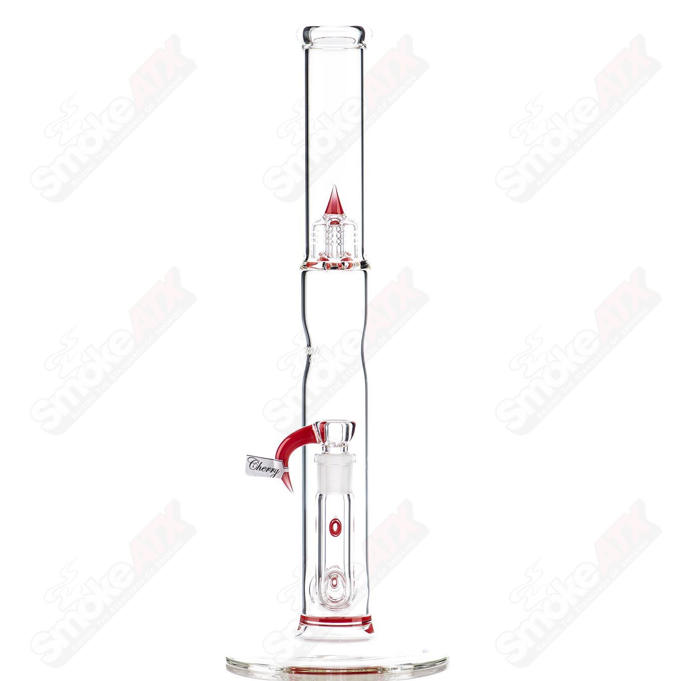 Sovereignty Glass Bishop Stemline Partial Accent with Body Reduction, clear straight tube glass piece with intricate design details.