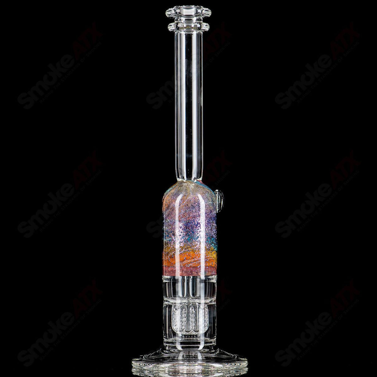 13-inch Dichro Rainbow Apolocoline straight glass tube by Dirty Rico with 14mm bowl, featuring colorful rainbow dichroic design.