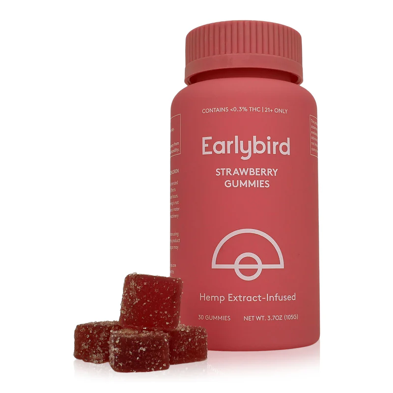 Early Bird Strawberry Gummies hemp edibles in a 30-count pack, featuring colorful, fruit-flavored gummy candies.